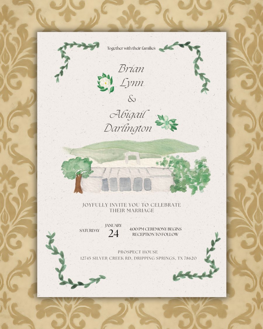 Watercolor wedding invitation for Abigail and Brian with a painted illustration of Prospect House in Dripping Springs, Texas, framed by green leaf vines