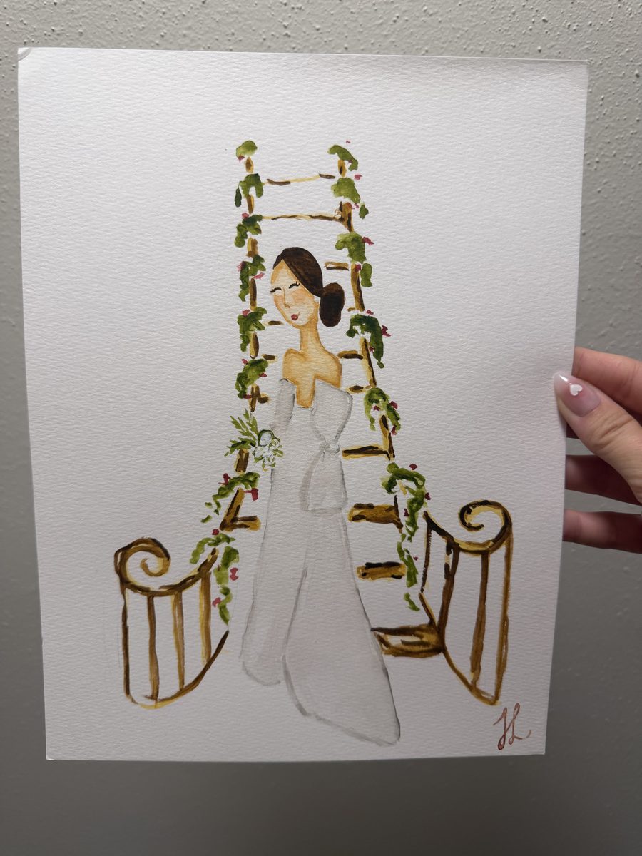 Hand-painted watercolor bridal portrait of a bride in an off-the-shoulder gown standing beneath a greenery-covered arbor, holding a white bouquet