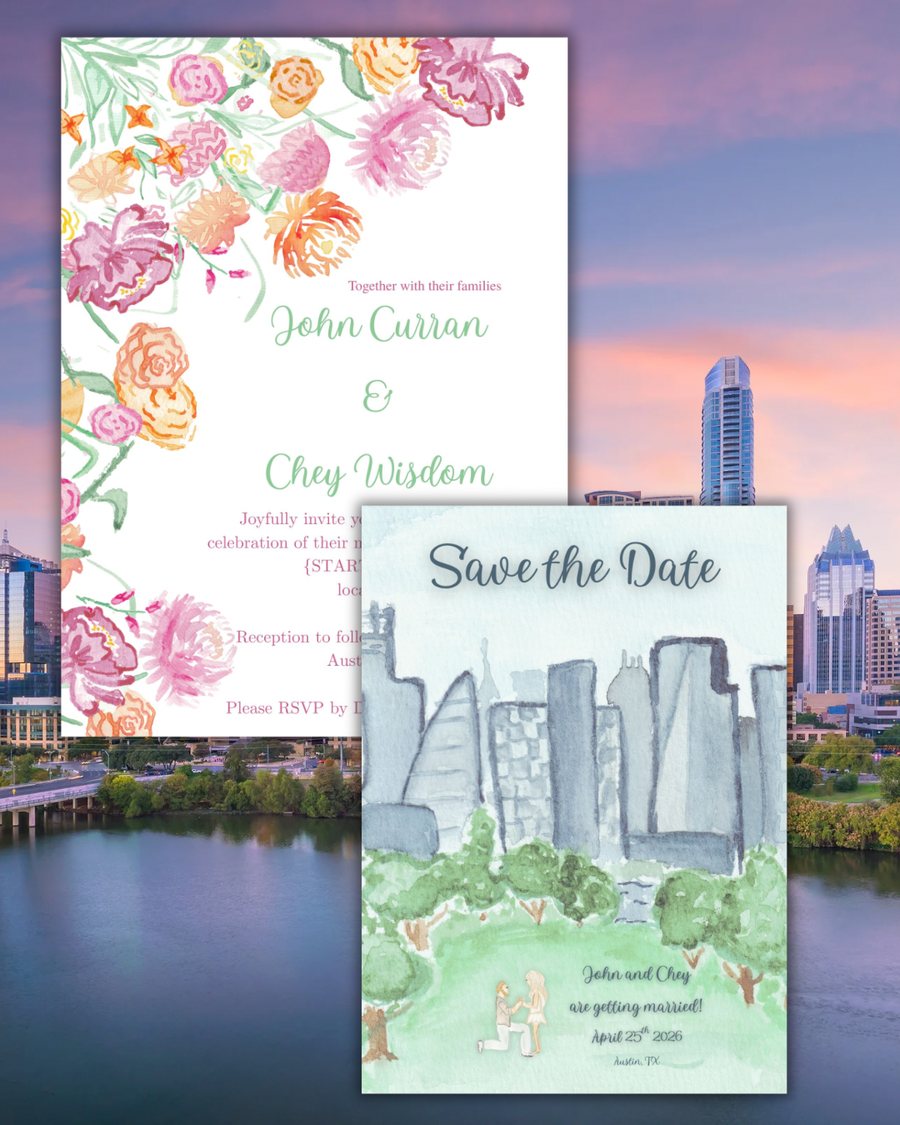 Watercolor save the date and invitation for Chey and John: a painted Austin skyline with the couple proposing in Zilker Park, paired with a pink and orange floral invitation