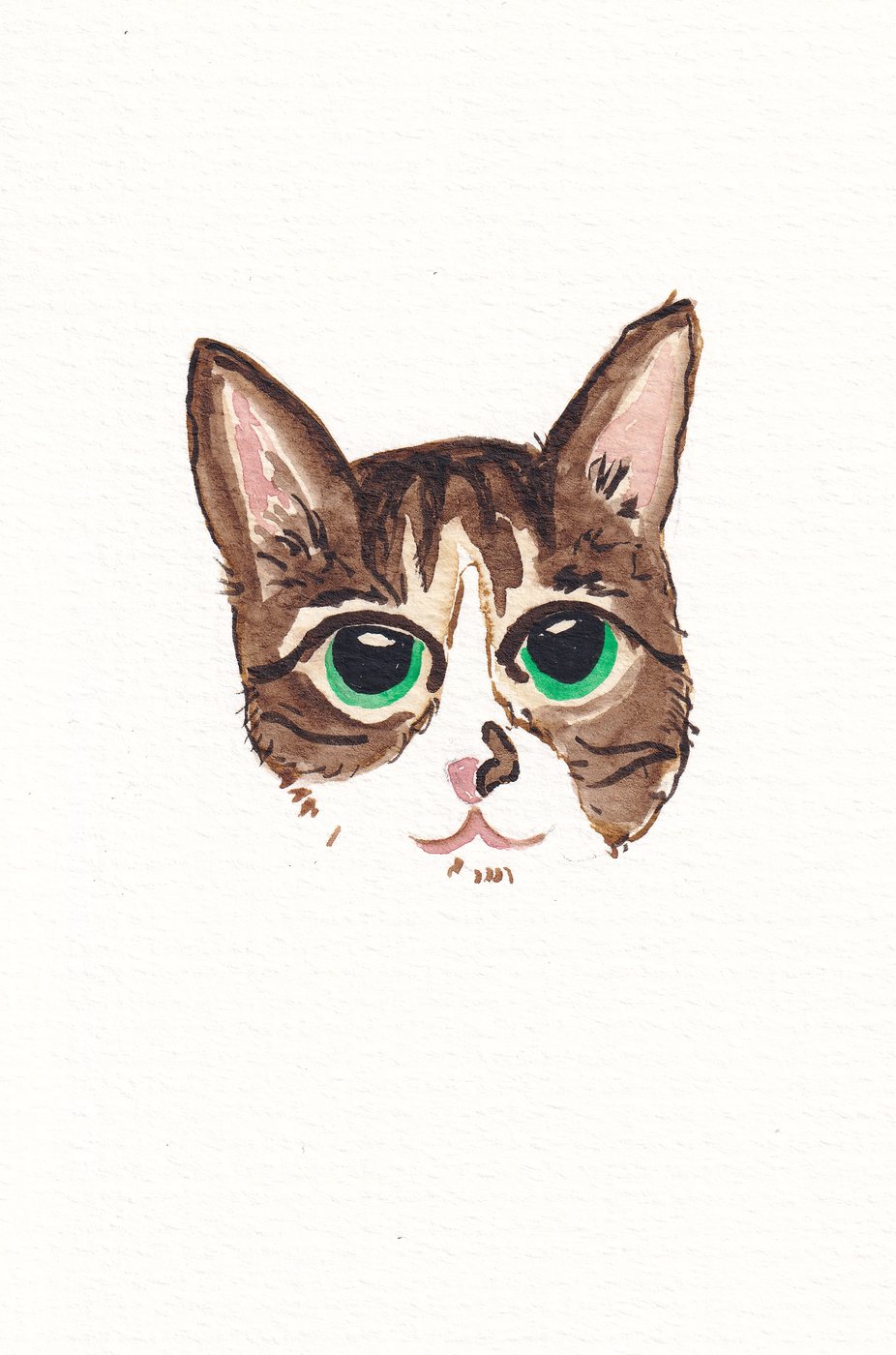 Watercolor portrait of a tabby cat with bright green eyes, painted head-on