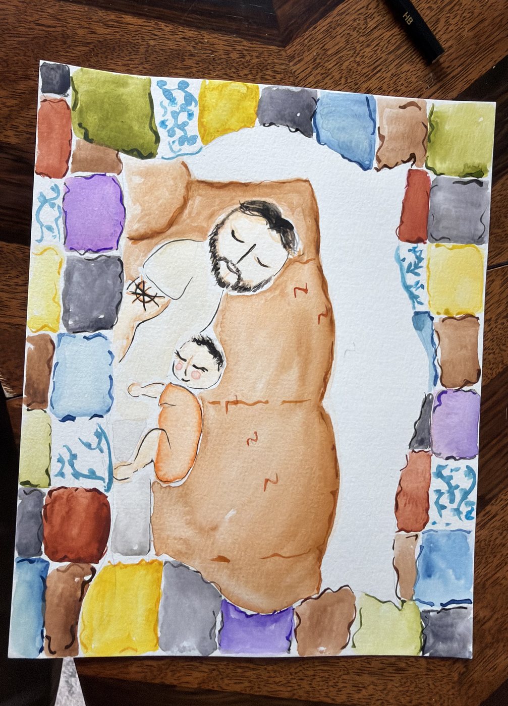 Watercolor portrait of a father asleep with his newborn on his chest, framed by a hand-painted border of colored tiles
