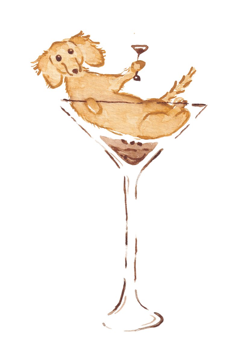 Watercolor commission of a golden doodle lounging inside an oversized martini glass