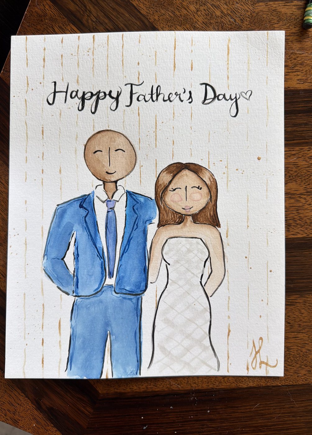 Watercolor Father&rsquo;s Day card of a couple, the man in a blue suit and the woman in a white gown, hand-lettered with Happy Father&rsquo;s Day