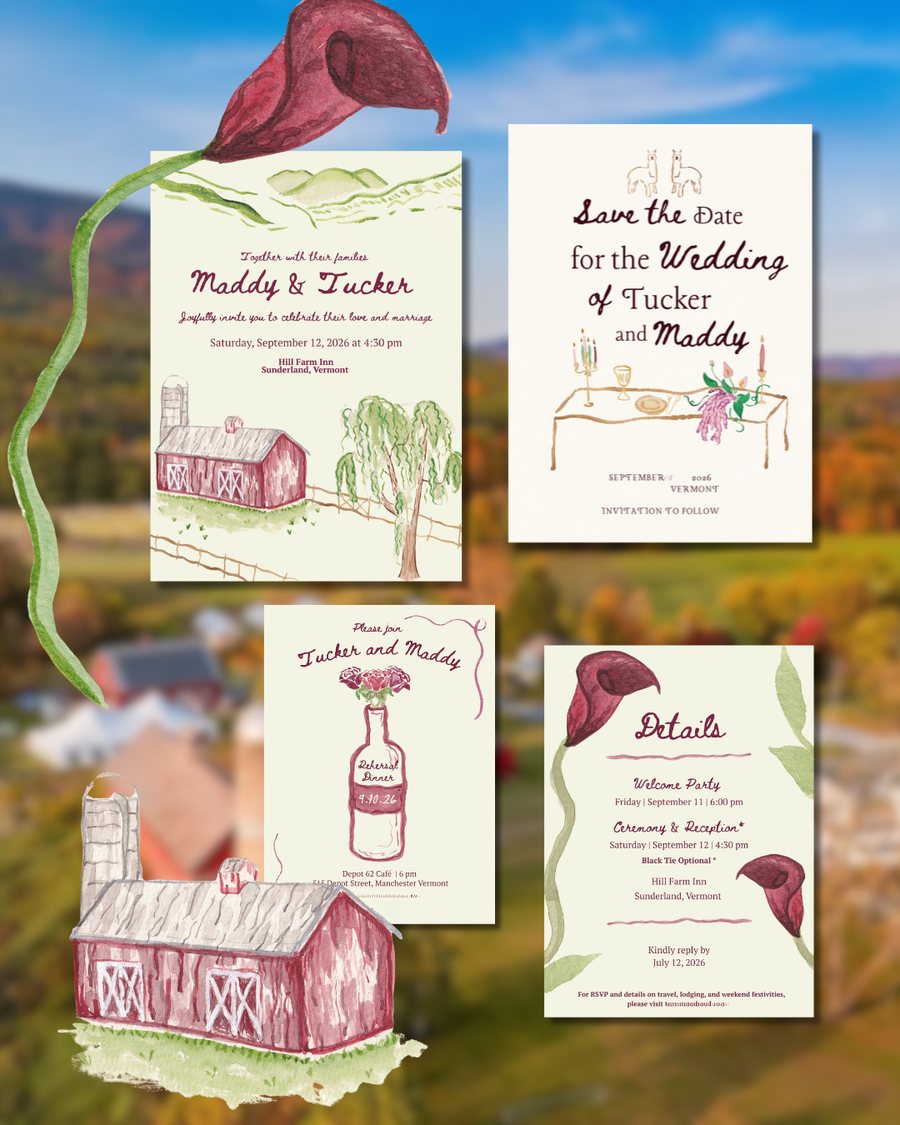 Hand-painted watercolor wedding suite for Maddy and Tucker: a red Vermont barn, willow tree and burgundy calla lilies, for Hill Farm Inn in Sunderland, Vermont